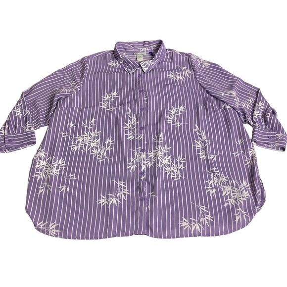 Catherines Top Womens Petite 2X Purple Floral Striped Semi Sheer Beach Button Up - Picture 2 of 15
